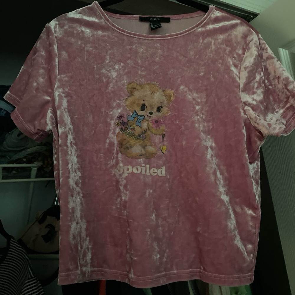 Rare Forever 21 Pink Velvet Tee with Teddy Bear Design